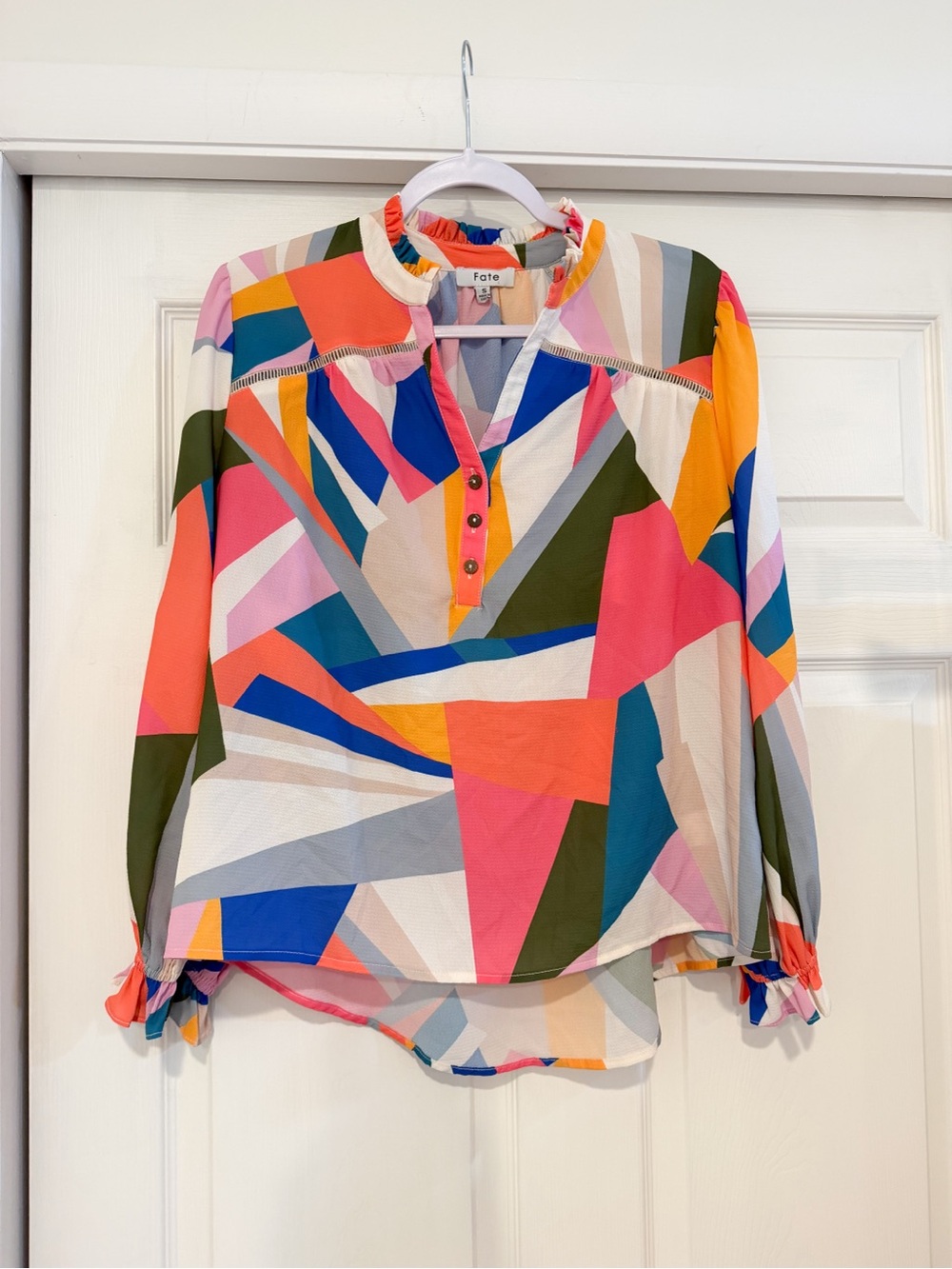 Fate Colorblock Geometric Ruffle-Neck Blouse in Pink, Blue, Orange, Green